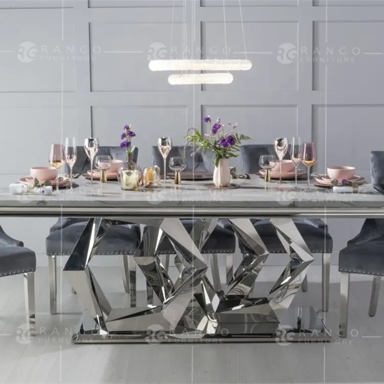 Foshan factory-mesa de comedor de mármol gris y cromo, 200cm, con 6 sillas de patas negras cromadas