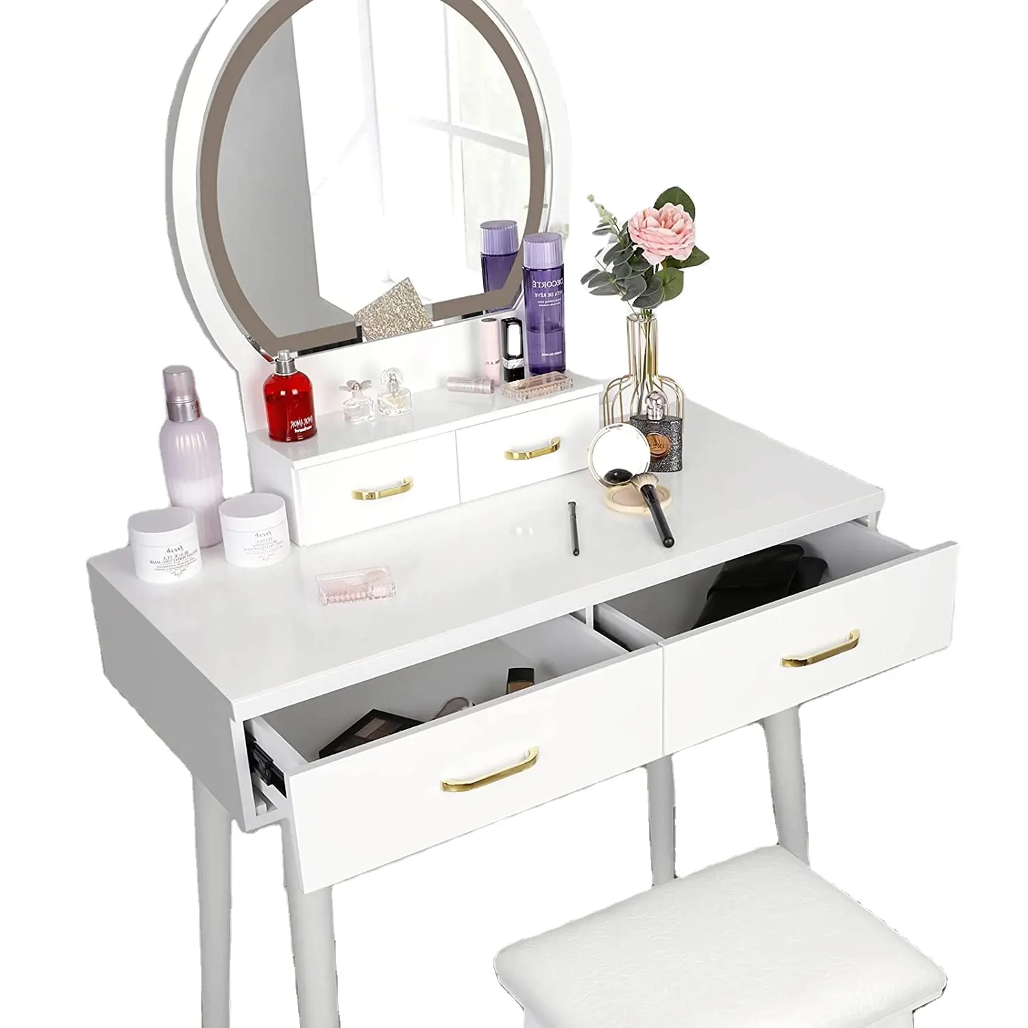 Tocador de maquillaje con espejo iluminado, tocador de maquillaje con armario de almacenamiento y cajones