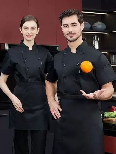 Ensemble deux pièces pour femme : haut noir à manches courtes + tablier