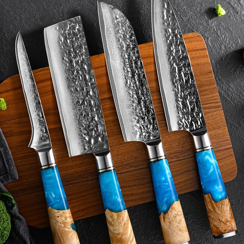 Masterfully Forged Damascus 67Layer Japanese VG10 Steel Blade Comfortable Blue Resin Wood Handle Chef Santoku Bread Boning Knife
