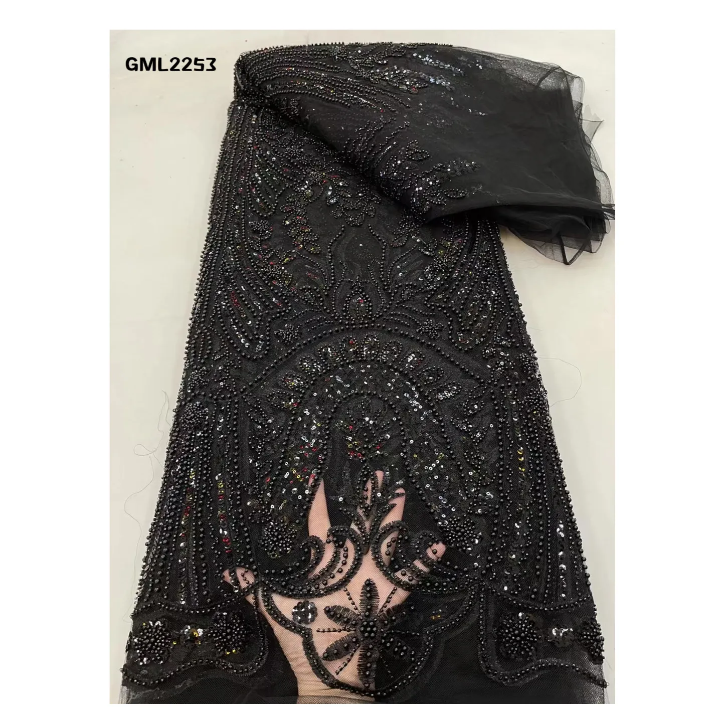 Siyah 2022 yeni stil Couture fransız dantel boncuklu dantel kumaş nakış boncuklu payetli dantel kumaş