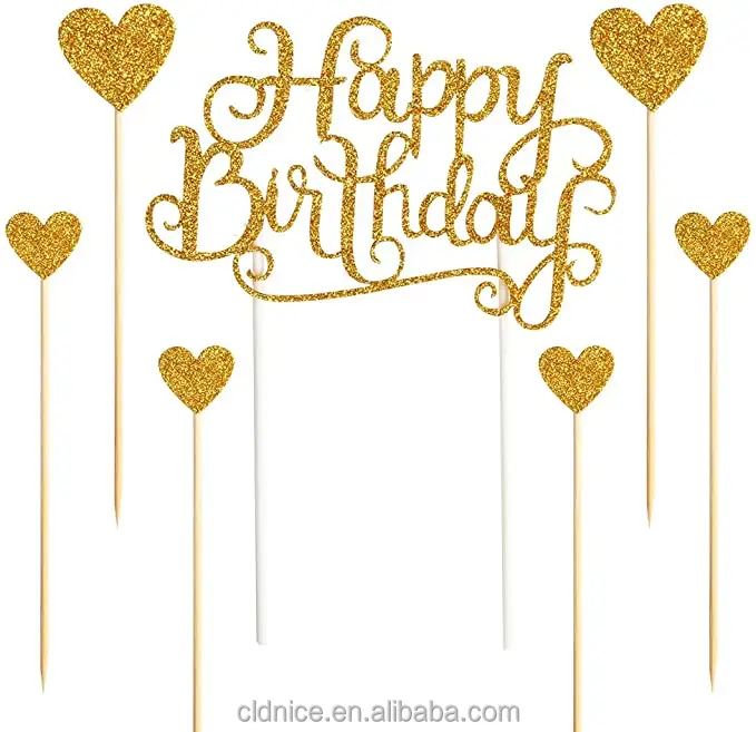 7 Uds. De adornos para tarta de feliz cumpleaños, letras doradas con purpurina, adornos para tarta de estrella de amor "Feliz Cumpleaños" para decoraciones de fiesta