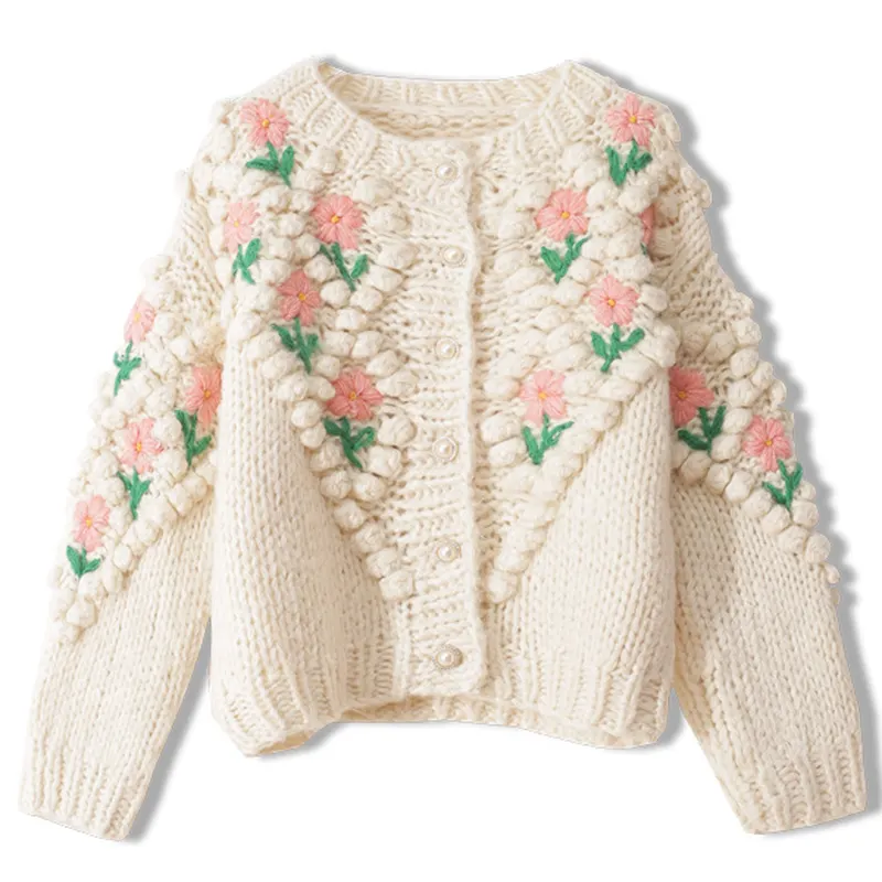 Suéter Vintage de punto hecho a mano para mujer, invierno, Pompón, bordado de flores, gran oferta