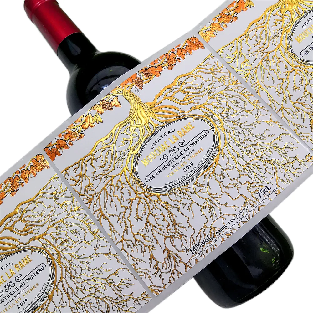 Impresión personalizada Uv Spot Gold Foil en relieve Premium papel texturizado Etiqueta de embalaje de vino tinto personalizar etiquetas de botellas de vino