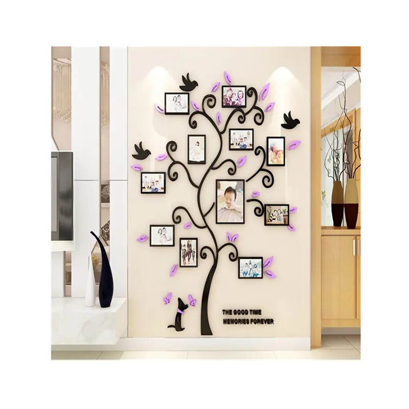 Pegatinas de pared acrílicas 3D para el hogar, marco de fotos familiares para decoración de la sala de estar del bebé, papel tapiz de espejo en forma de árbol, calcomanías artísticas