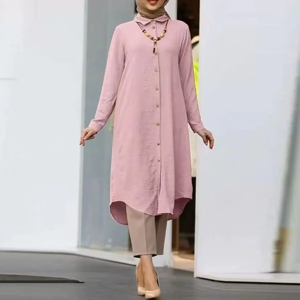 Eid Lapel Casual Button Long Sleeves Abaya Long Shirts For Women Dress Sleeve Button Loose Muslim Shirt