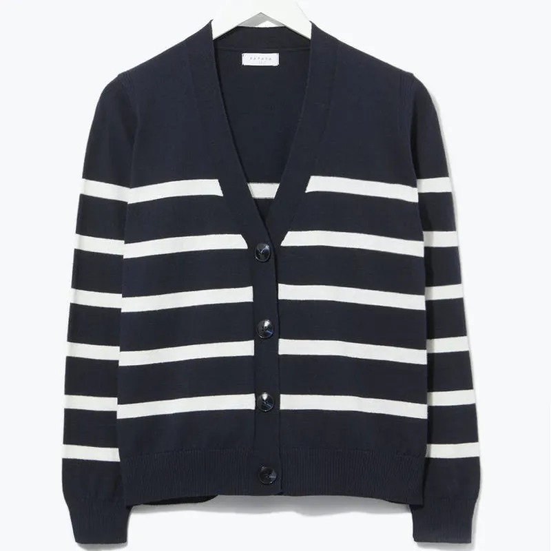 Cardigan à rayures artistiques et décontractées, col en V, noir et blanc, vente en gros,