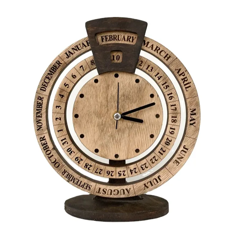 Orologio da tavolo antico in legno decorativo con calendario da tavolo in legno unico