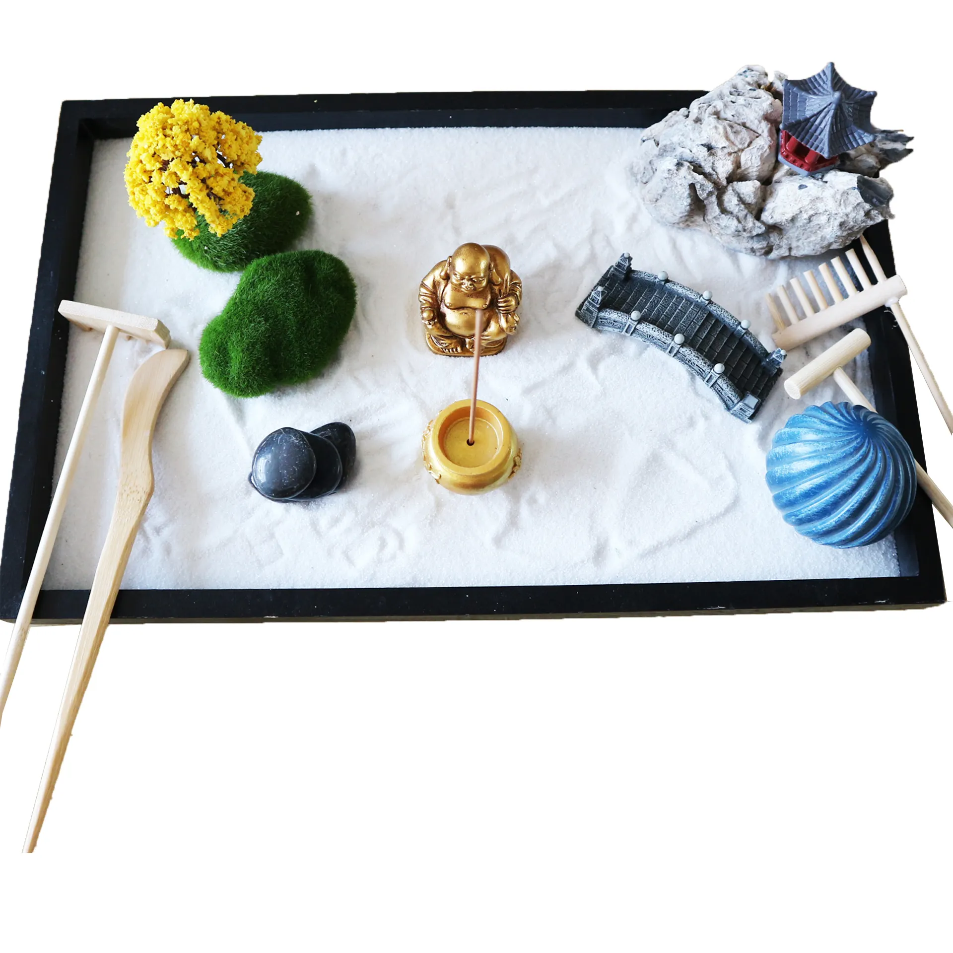 Zen-Garden-Set mit Rake weißer Sand Harz Buddha-Figuren Brückenfigur und Flußfelsen schwarzer rechteckiger Boden