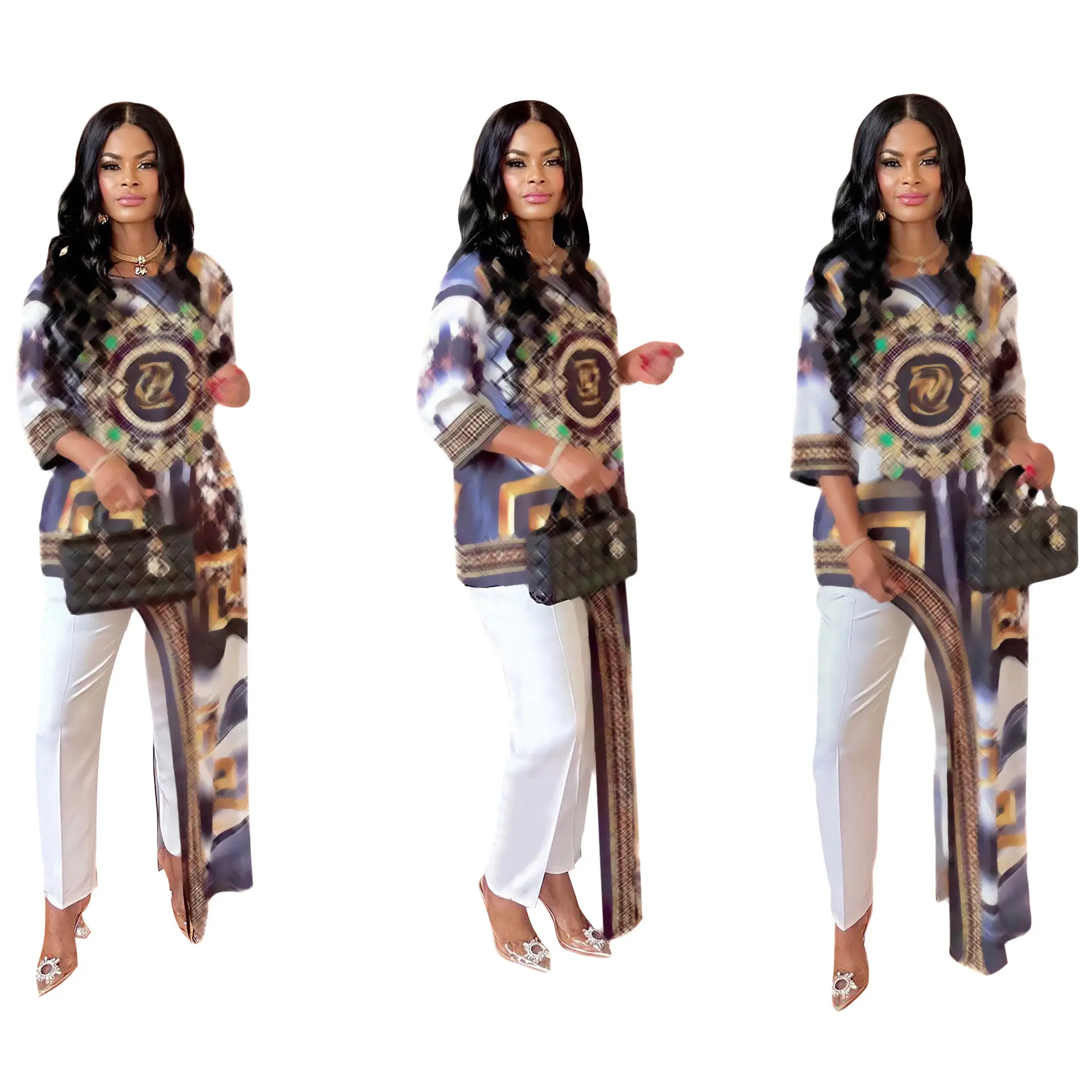 2024 Afrikanische Frauen fallen Bluse Top Luxus druck Frauen Designer Marke lässig unregelmäßig Maxi kleid