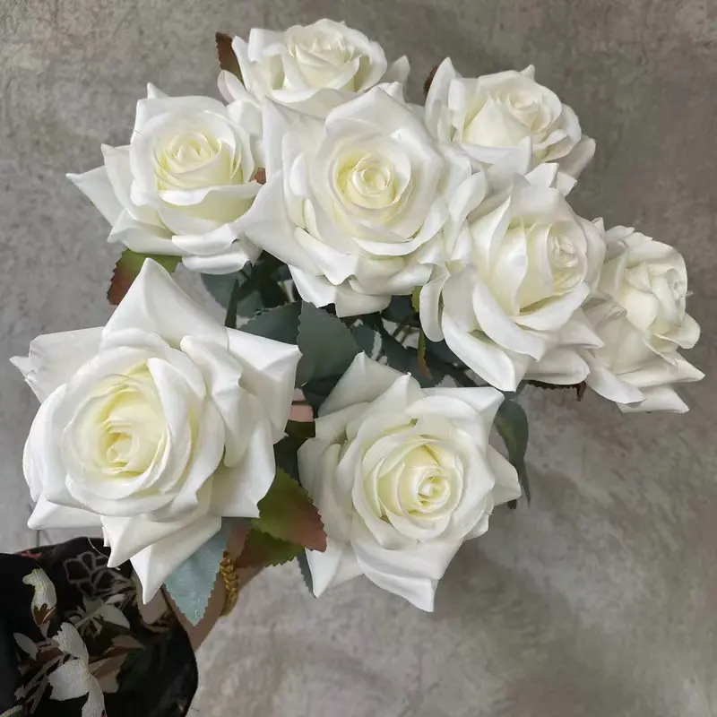 Buquê de flores artificiais rosa branco, rosas grandes ramos rosa flor artificial