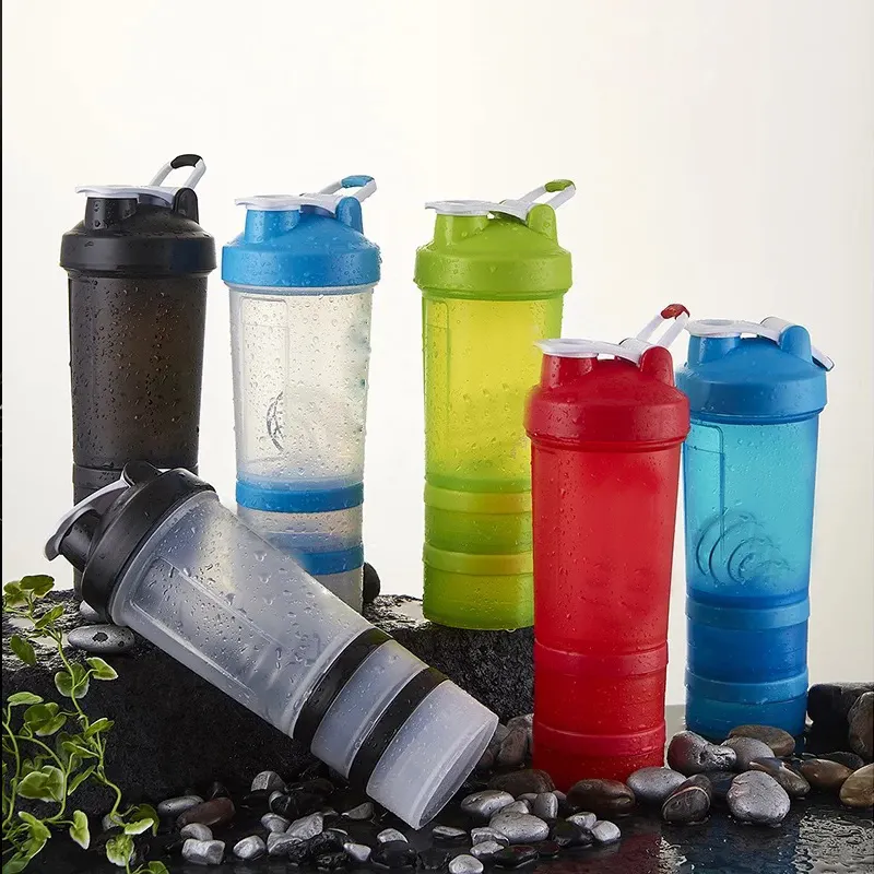 Özel spor 500ml plastik karıştırma fincan üç katmanlı seyahat spor kupası, protein tozu plastik üç katmanlı sallamak şişe