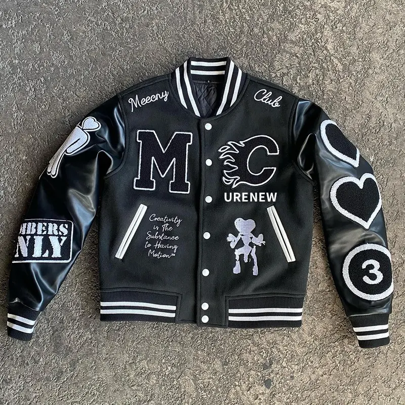 Logo personalizzato Streetwear invernale in pile di pelle Bomber Letterman giacca di alta qualità ciniglia ricamata per gli uomini tessuto in pile