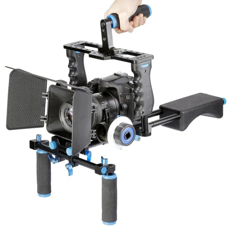 YELANGU YLG1103A-A Dual Handles Camera Shoulder Mount + Camera Cage Stabilizer Kit com caixa fosco