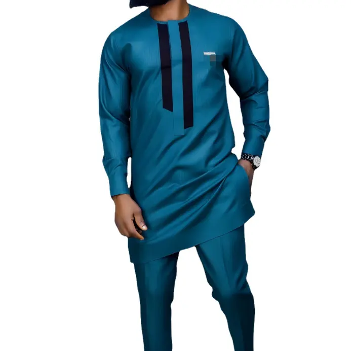 Ensemble de costume à col rond pour hommes de couleur unie de style ethnique africain M-4XL ensemble de 2 pièces de veste longue et de pantalon