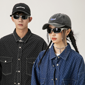 复古水洗钻石牛仔夹克，配有钩编编织正面标志OEM服务 - Product Image 5