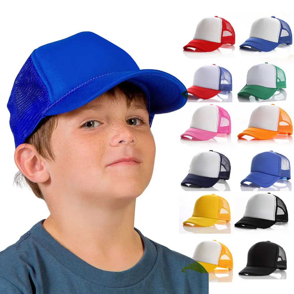 Vente en gros de casquette classique unisexe ajustable pour jeunes casquette unie en maille casquette de camionneur avant incurvée en poly-mousse pour enfants
