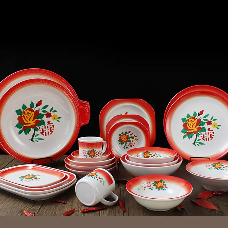 Китайский стиль, меламиновая посуда, красно-белая тарелка, тарелка с цветами, посуда на заказ, красный набор