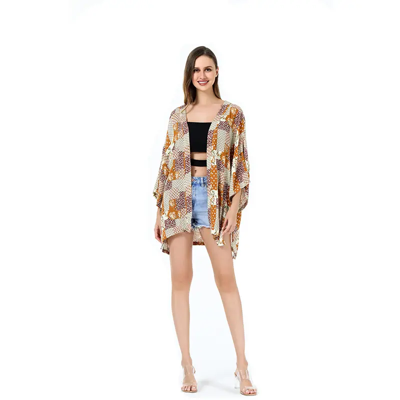 Holesale-chal estampado arrugado de rayón, ropa de playa, kimono de protección solar