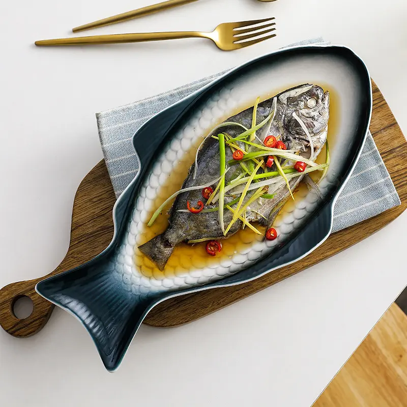 Plato creativo en forma de pez, plato de cerámica para servir pescado para restaurante y hogar