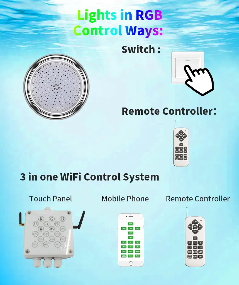 Luz de piscina led 350w refinada, 3 em 1, controle remoto de celular e painel touch, controle de wi-fi, sistema de controle