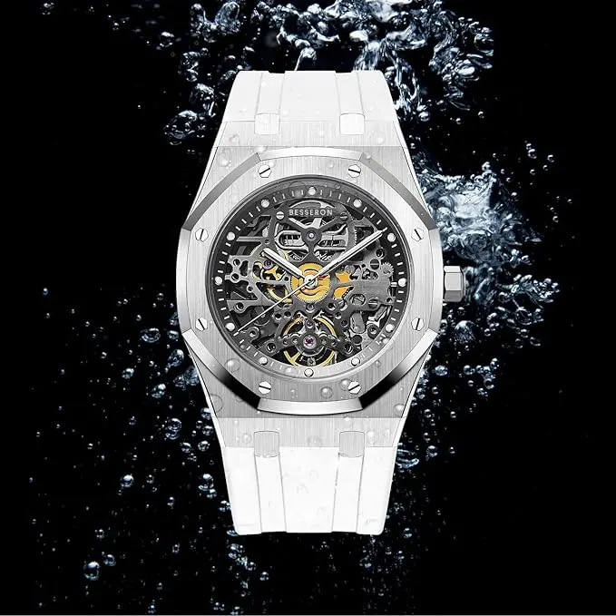 Automatische mechanische Uhr Skeleton Stainless 50M Wasserdichte Herren uhr mit Silikon band