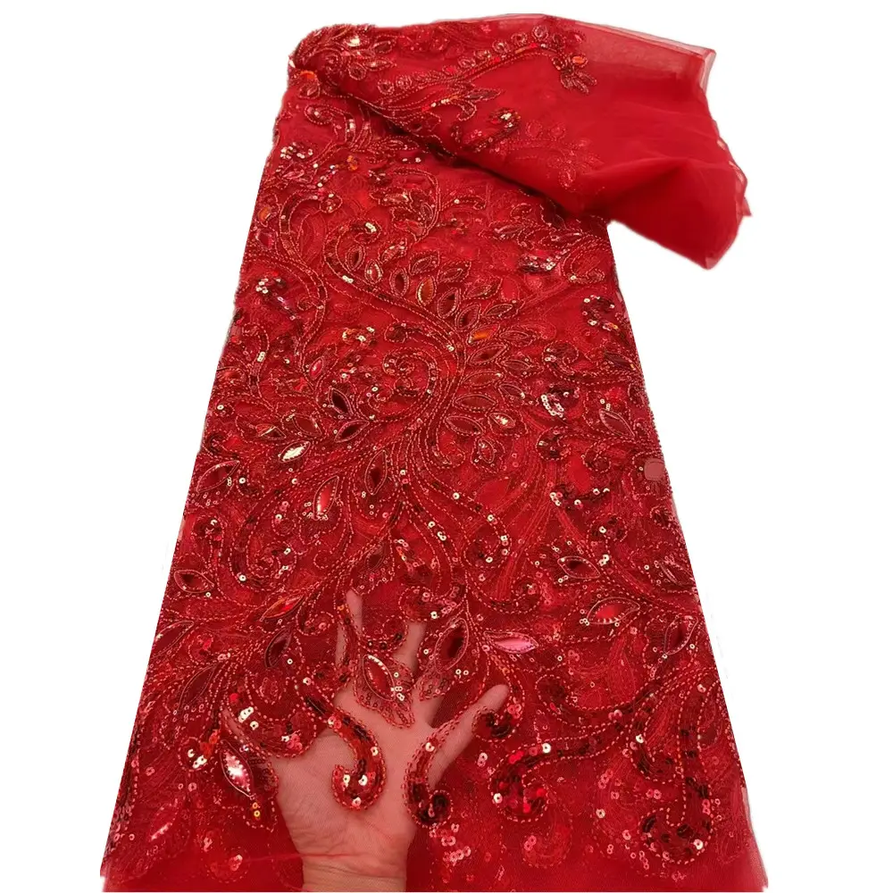 Chenlee-encaje rojo para fiesta francés, bordado de tul de red