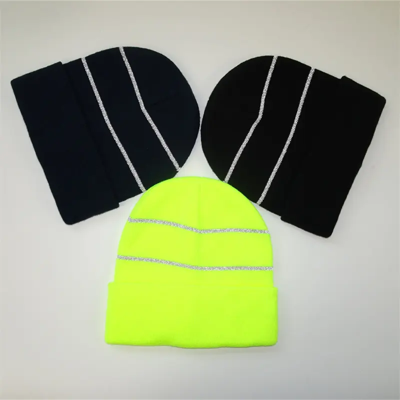 Venta caliente del mercado de EE. UU. Gorro con puños a rayas reflectantes y verde fluorescente unisex para adultos