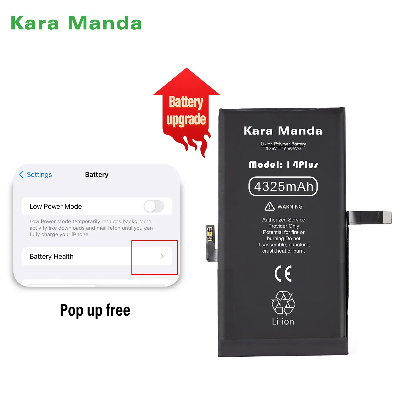 Kara Manda KM Crack Telefon Batterieersatz 100% Gesundheit für Popup-Reparatur lösen iPhone-Batterie für iPhone 14 Plus Batterie