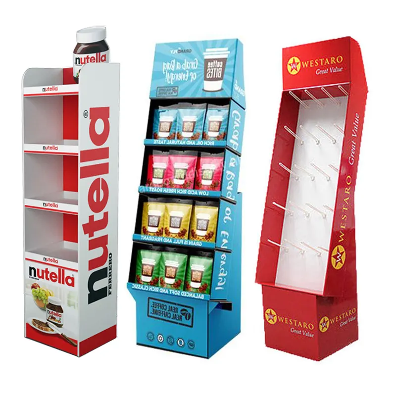 Aangepaste Gegolfde Rek Plank Snacks Food Pos Fsdu Papier Rack Kartonnen Display Stand Vloer Kartonnen Display Stand