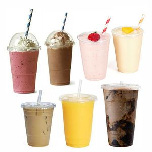 批发生态塑料饮料杯零售生物塑料一次性带盖冷杯，玉米聚乳酸接受标志定制