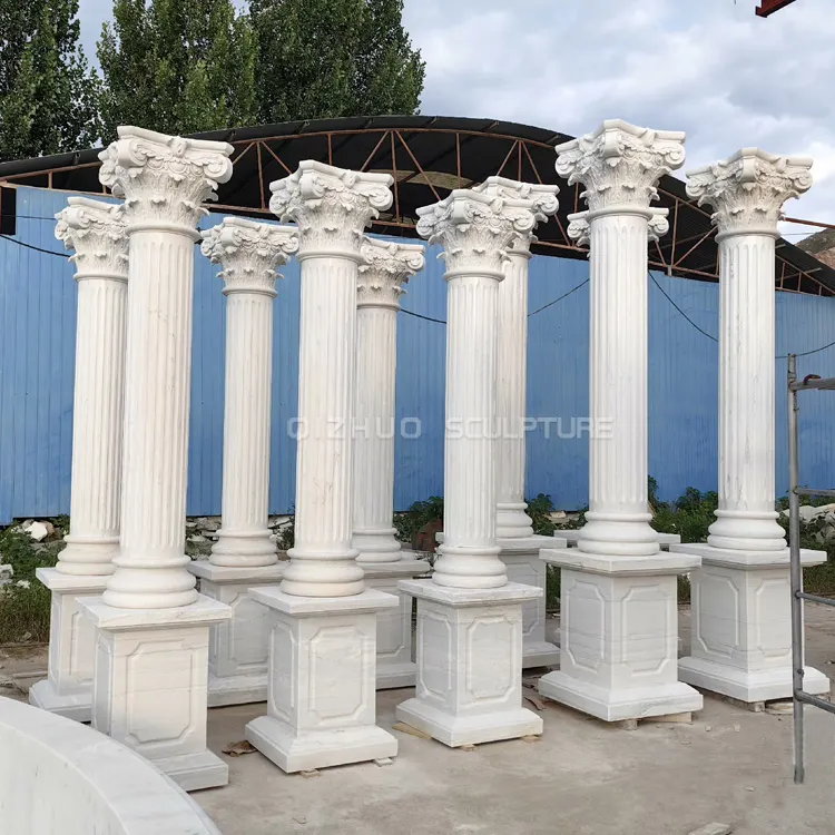 Dekorasi bangunan vila luar ruangan ukiran tangan pilar Romawi kolom batu marmer putih