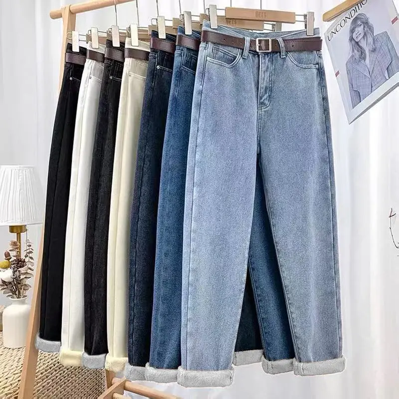 Jeans da donna a vita alta in pile ispessimento inverno sciolto versione coreana jeans denim slim dritto a nove punti Harlan jeans pant