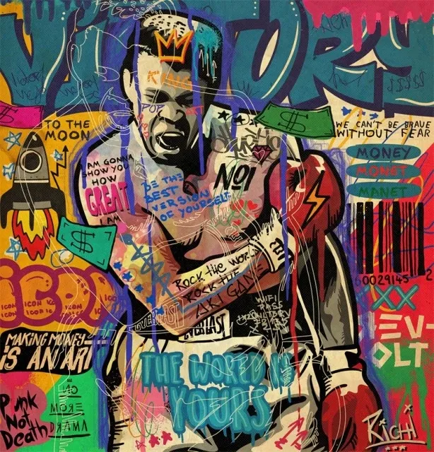 Boxing King Pop Art โปสเตอร์ภาพวาดสีน้ำมันทำมือ,โปสเตอร์กราฟฟิตีทำจากผ้าใบโมเดิร์นสำหรับตกแต่งบ้านห้องนั่งเล่น