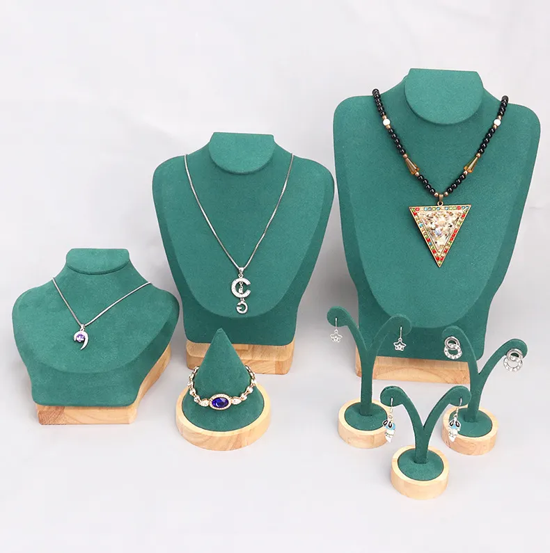 QJC273-Soporte de joyería de terciopelo de madera para chicas, estante organizador de busto para el hogar, collar, pendientes, modelo de exhibición