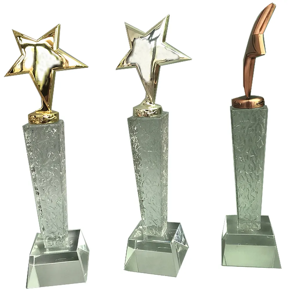 Trofeo de cristal personalizado con estrella de metal, trofeo de cristal en blanco, barato, venta de fábrica