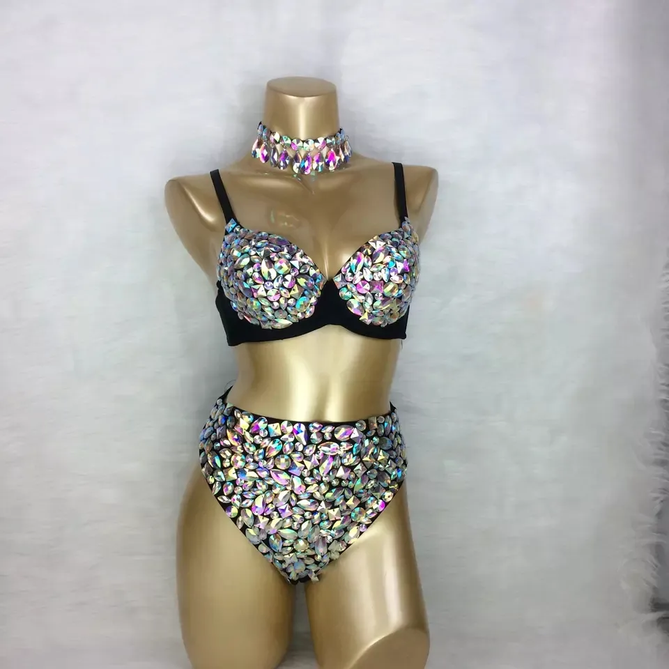 Conjunto de bikini con diamantes de imitación para mujer, conjunto de 3 piezas de piedra de Color AB, sujetador hecho a mano de Samba para carnaval, conjunto de bikini para espectáculo de escenario
