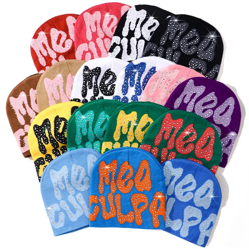 Atacado personalizado Moda Diamante gorros chapéus em todo o logotipo malha inverno jacquard skully gorro com cor colorida