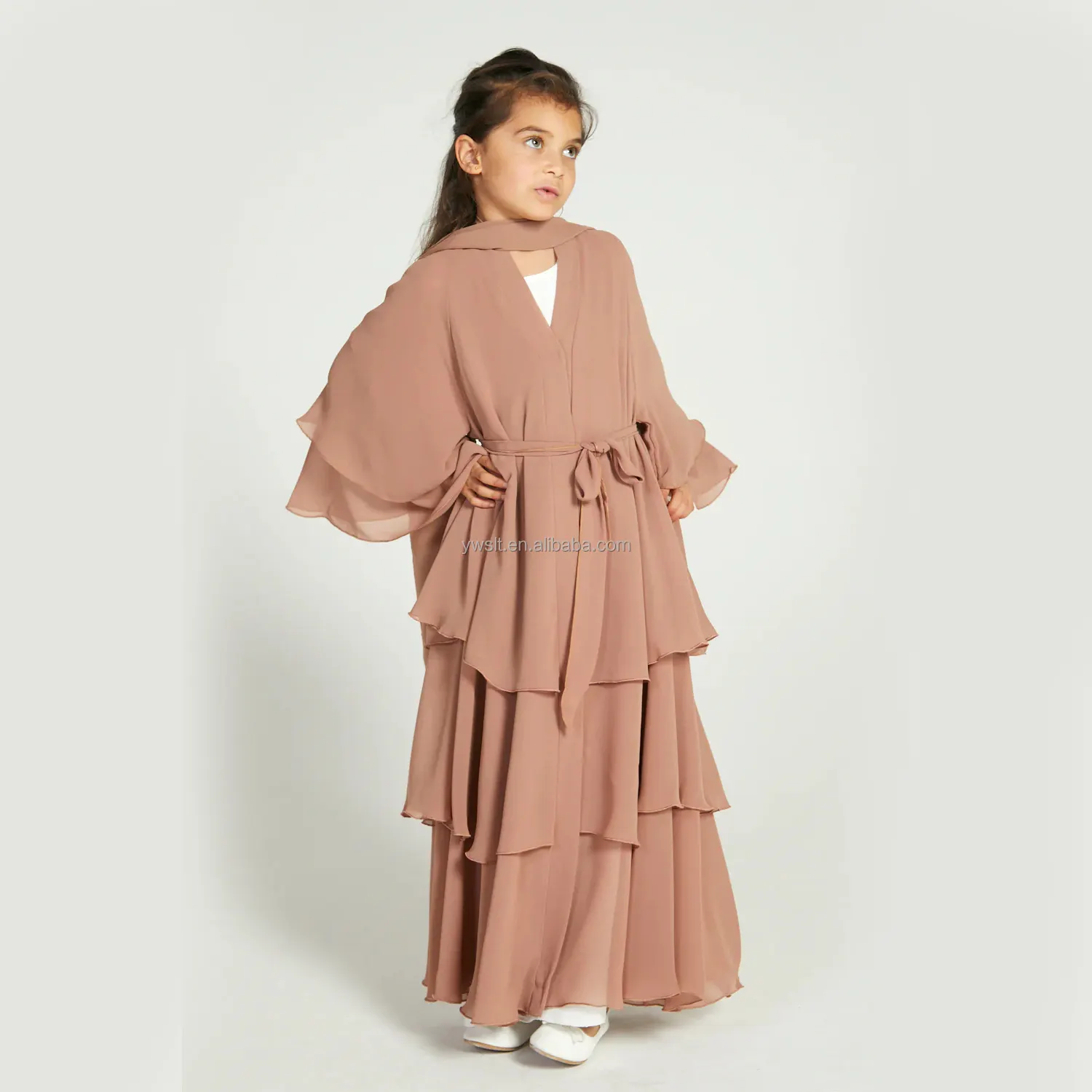 Mới Nhất Bán Buôn Eid Thổ Nhĩ Kỳ Dubai Kimono Thanh Lịch Cho Phụ Nữ Hồi Giáo Dresses Hijab Kid Cô Gái Trẻ Em Của Voan 3 Lớp Mở Abaya