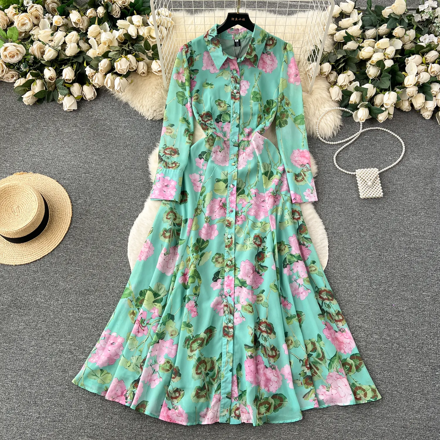 Primavera Meninas Vestidos Longos Mulheres Moda Beleza Senhora Vestido Impresso Roupas de Cintura Alta Elegante Casual Vestidos Femininos