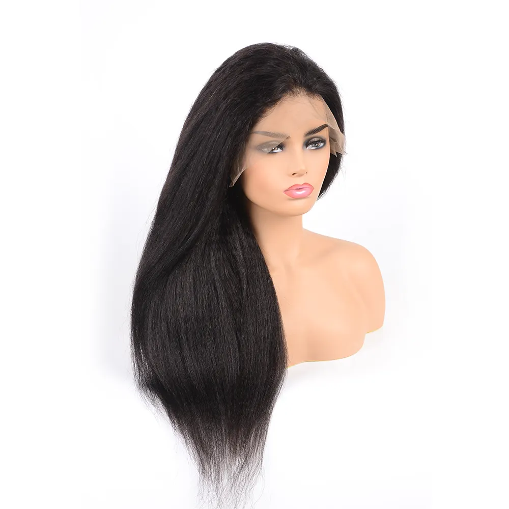 Perruque Lace Front Wig Yaki naturelle brésilienne, cheveux crépus lisses, brun clair, pre-plucked, européen, 13x6, 24 pouces 30 pouces
