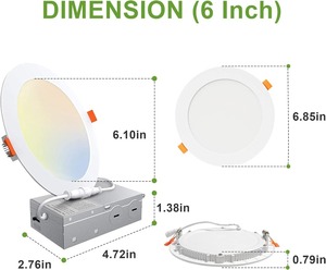 米国在庫高速送料無料超薄型12W LEDスリムダウンライト6インチ5CCT埋め込み照明2700K-5000K選択可能 - Product Image 4