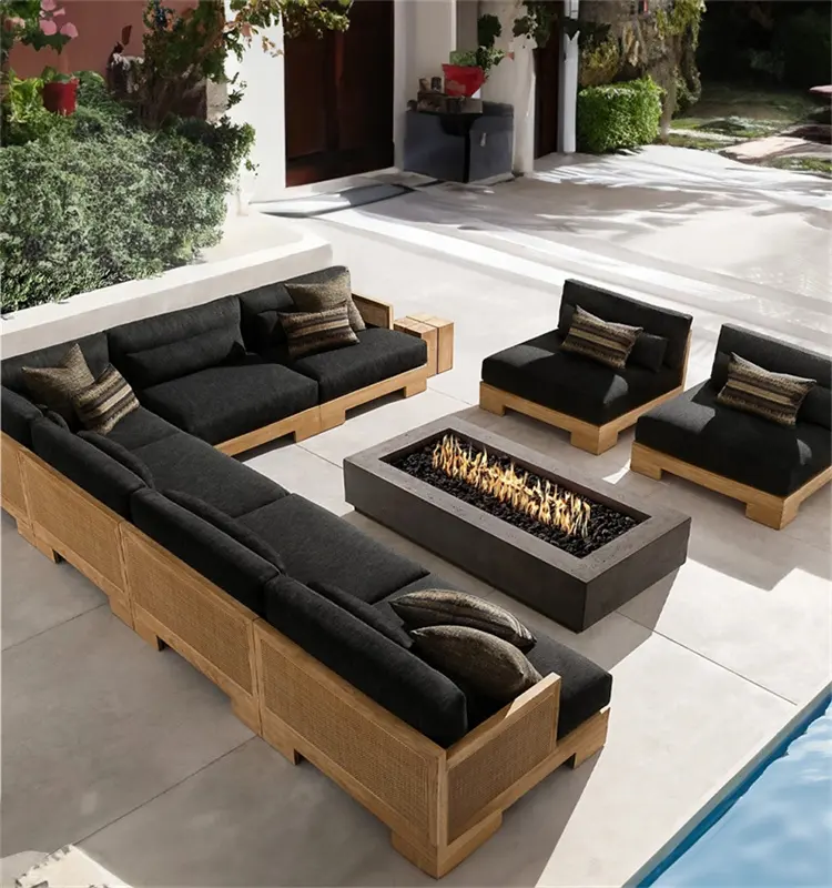 Set di mobili da giardino moderni in Rattan corda di vimini focolare Patio divano componibile in legno di Teak divano da esterno in alluminio