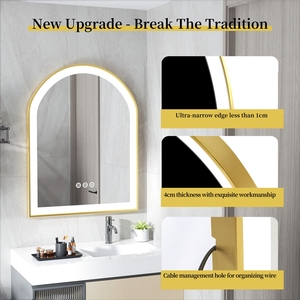 Ayarlanabilir <span class=keywords><strong>LED</strong></span> ve anti-sis fonksiyonu ile 60x90cm altın alüminyum çerçeve kemerli duvar banyo makyaj aynası