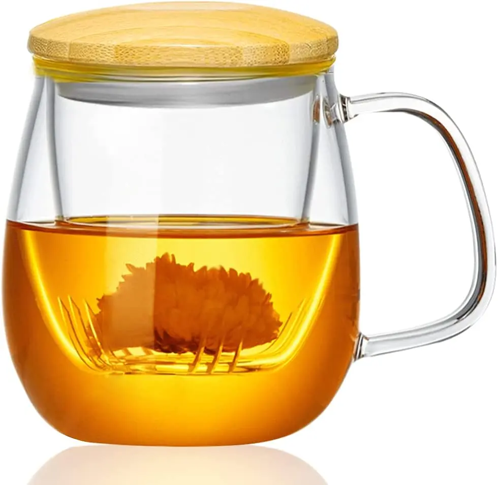 Vaso de té de vidrio de bambú de doble pared con tapa de Infusor de acero inoxidable para muestra de té y té de hojas sueltas, para regalo