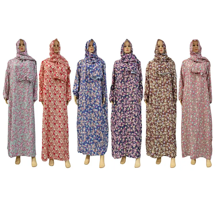 Abayas musulmanes en rayonne Femmes Prière Dubaï Turquie Moyen-Orient Femme Robe Hijab Écharpe Floral Loose Robe Africaine Turban Attaché