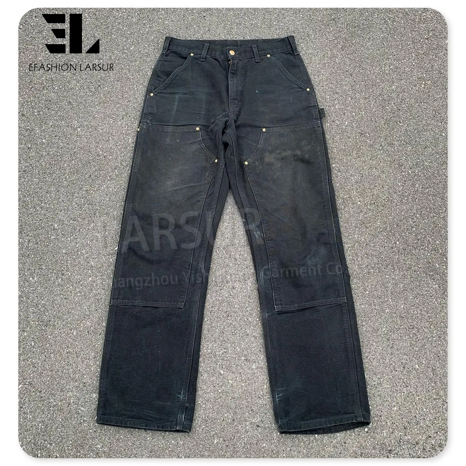 Larsur Custom Fabriek Distress Wash Twill Canvas Cargobroek Met Zak Tactische Rechte Dubbele Knie Timmerman Werk Broek Mannen