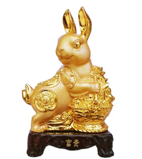 Figurine en résine de lapin du zodiaque chinois, figurine à collectionner en résine dorée, décoration de Table, Statue