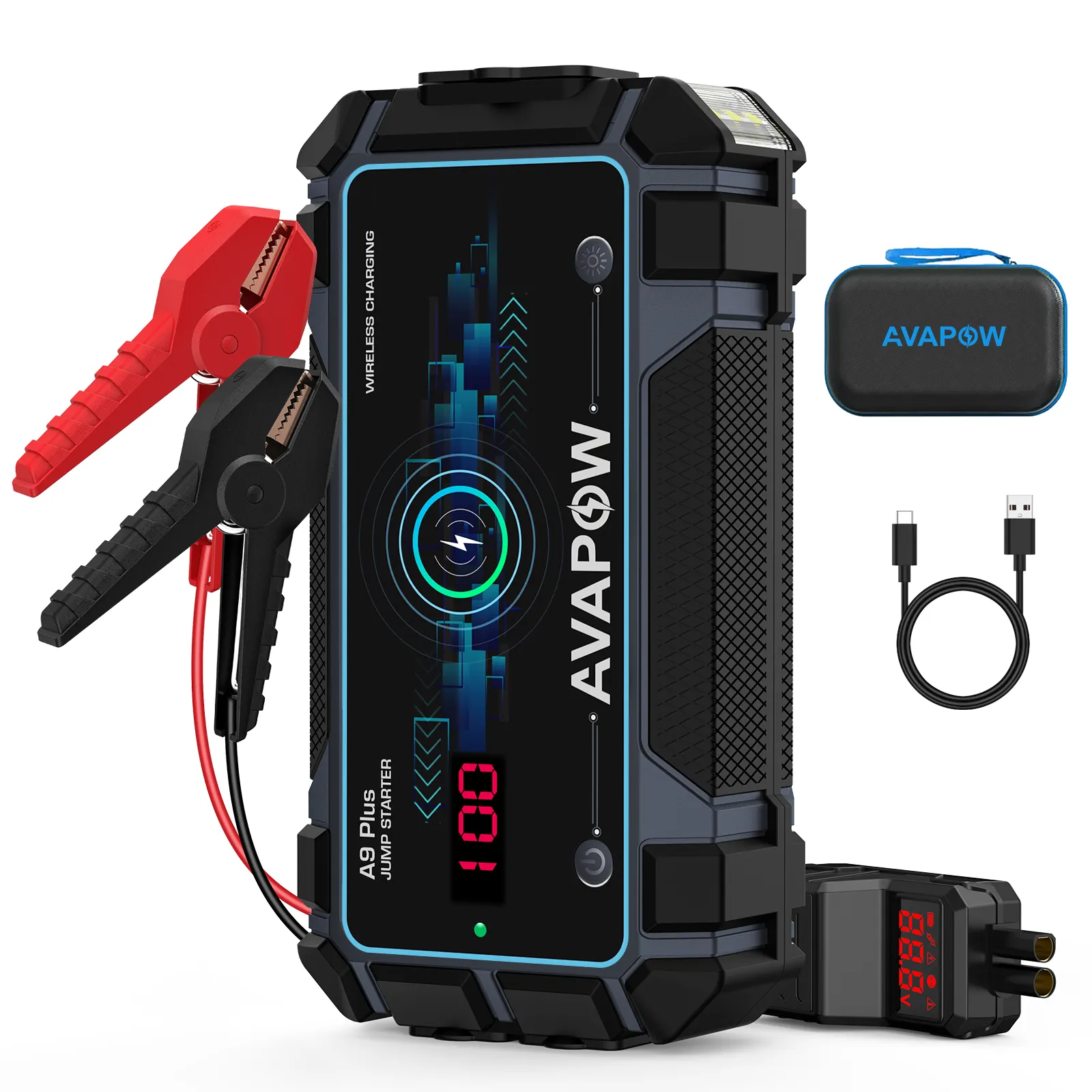 AVAPOW A9 Plus arrancadores de coche 12V Herramientas de coche DC batería de coche 12000mAh salida de carga inalámbrica arrancador de salto con clip inteligente