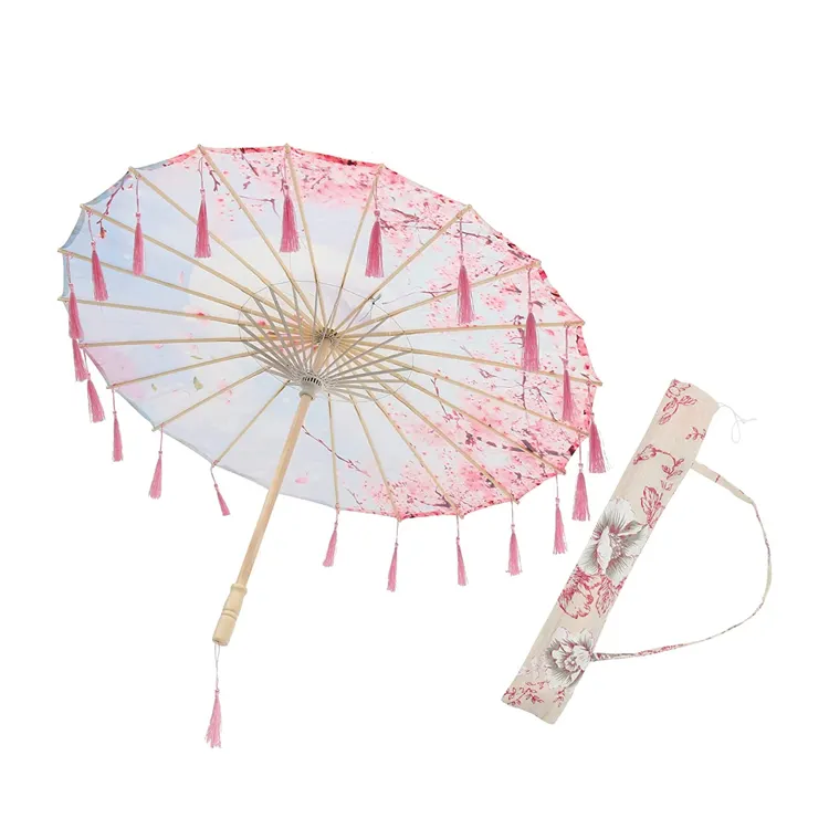 LOTUS-sombrilla de papel de aceite romántica tradicional china, parasol de flores con borlas, venta al por mayor